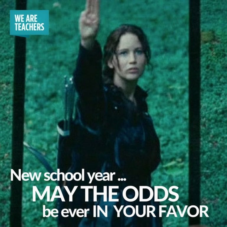 Back to school meme with Hunger Games character giving salute, caption says ‘New school year, may the odds be ever in your favor’ – We Are Teachers